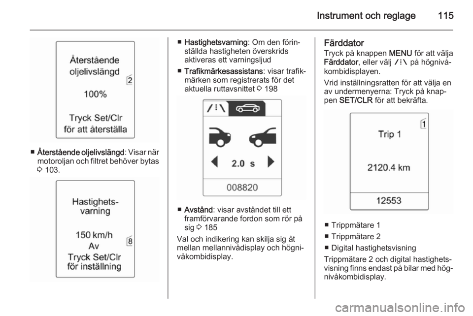 OPEL ZAFIRA C 2015  Instruktionsbok Instrument och reglage115
■Återstående oljelivslängd : Visar när
motoroljan och filtret behöver bytas 3  103.
■ Hastighetsvarning : Om den förin‐
ställda hastigheten överskrids
aktiveras