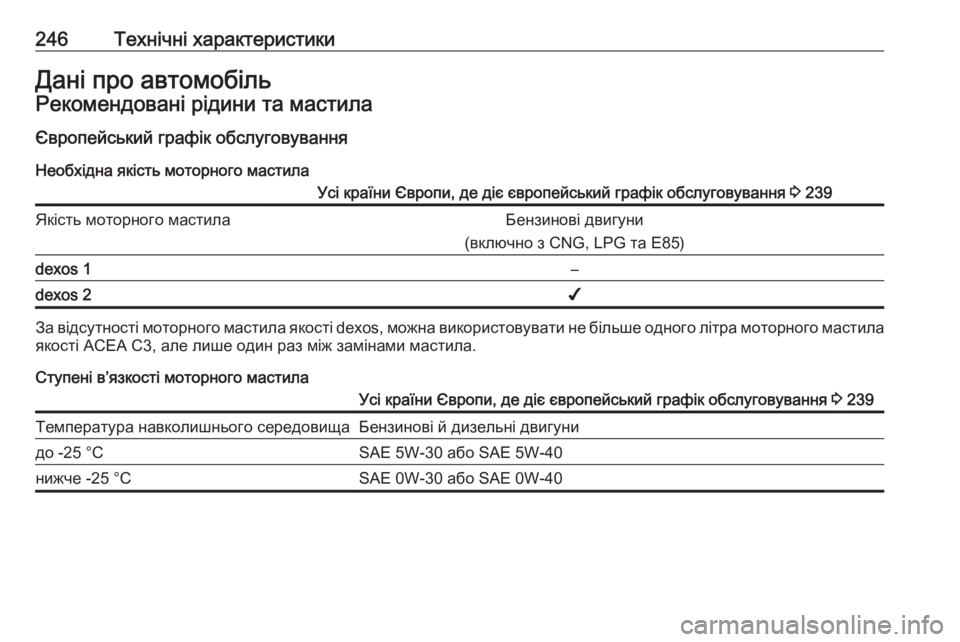 OPEL ADAM 2017.5  Посібник з експлуатації (in Ukrainian) 246Технічні характеристикиДані про автомобільРекомендовані рідини та мастила
Європейський графік обслугову