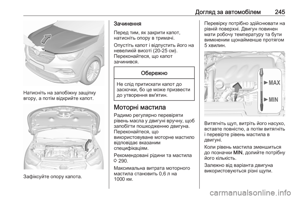 OPEL GRANDLAND X 2020  Посібник з експлуатації (in Ukrainian) Догляд за автомобілем245
Натисніть на запобіжну защіпку
вгору, а потім відкрийте капот.
Зафіксуйте опору капо