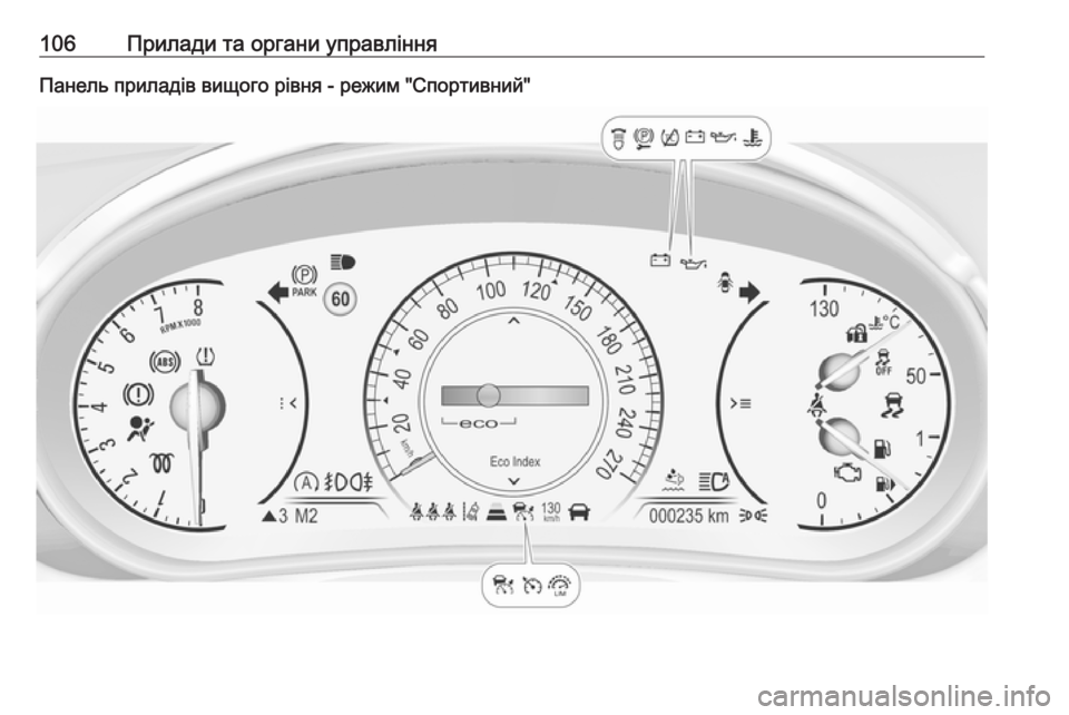 OPEL INSIGNIA 2016  Посібник з експлуатації (in Ukrainian) 106Прилади та органи управлінняПанель приладів вищого рівня - режим "Спортивний" 