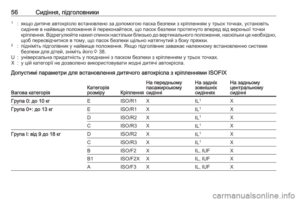 OPEL MOKKA 2016.5 Посібник з експлуатації (in Ukrainian) 56Сидіння, підголовники1:якщо дитяче автокрісло встановлено за допомогою паска безпеки з кріпленням у трьох т OPEL MOKKA 2016.5 Посібник з експлуатації (in Ukrainian) 56Сидіння, підголовники1:якщо дитяче автокрісло встановлено за допомогою паска безпеки з кріпленням у трьох т