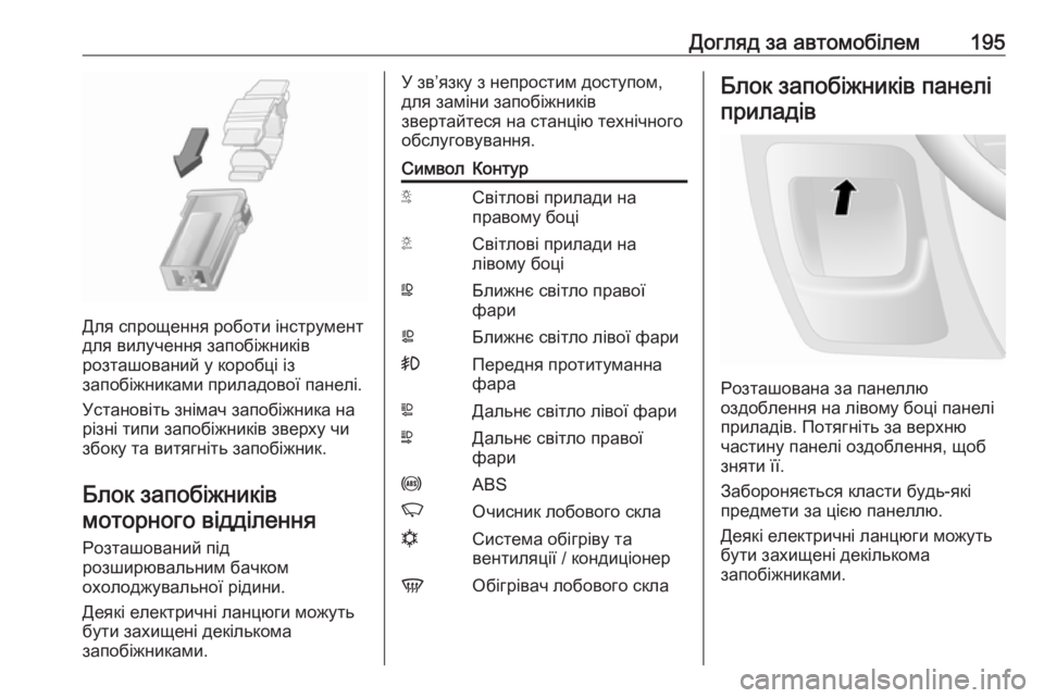 OPEL MOVANO_B 2016  Посібник з експлуатації (in Ukrainian) Догляд за автомобілем195
Для спрощення роботи інструмент
для вилучення запобіжників
розташований у коробці і