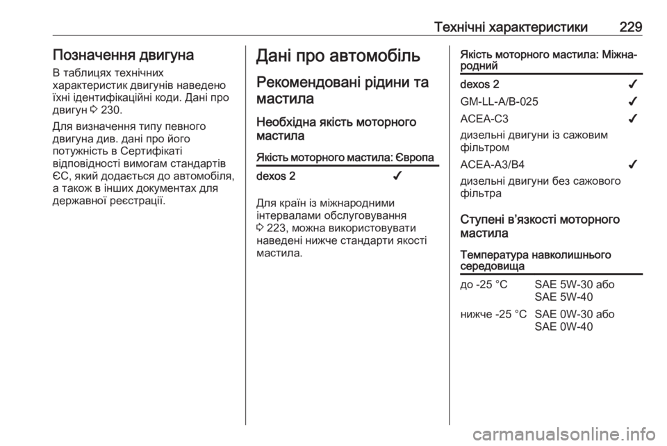 OPEL MOVANO_B 2016  Посібник з експлуатації (in Ukrainian) Технічні характеристики229Позначення двигуна
В таблицях технічних
характеристик двигунів наведено їхні іде