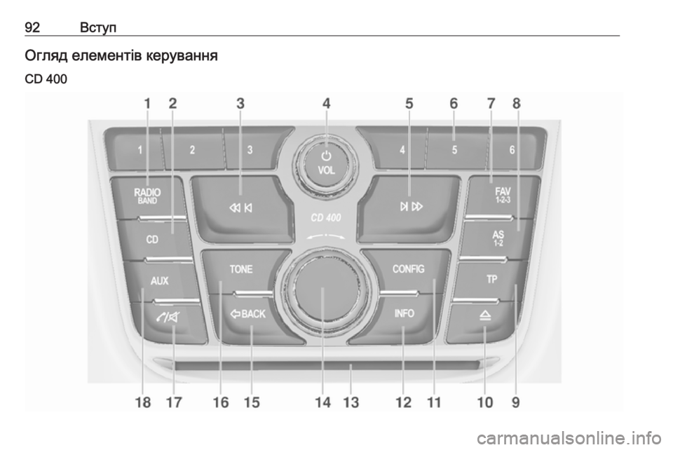 OPEL ZAFIRA C 2016.5  Інструкція з експлуатації інформаційно-розважальної системи (in Ukrainian) 92ВступОгляд елементів керування
CD 400 