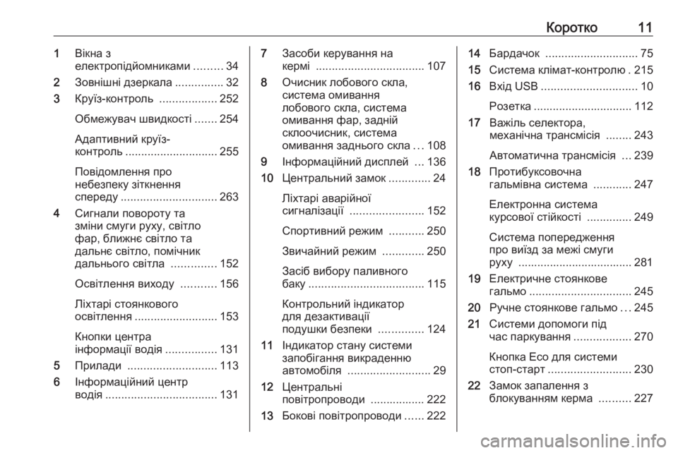 OPEL ZAFIRA C 2018 Посібник з експлуатації (in Ukrainian) Коротко111Вікна з
електропідйомниками .........34
2 Зовнішні дзеркала ...............32
3 Круїз-контроль ..................252
Обмеж OPEL ZAFIRA C 2018 Посібник з експлуатації (in Ukrainian) Коротко111Вікна з
електропідйомниками .........34
2 Зовнішні дзеркала ...............32
3 Круїз-контроль ..................252
Обмеж