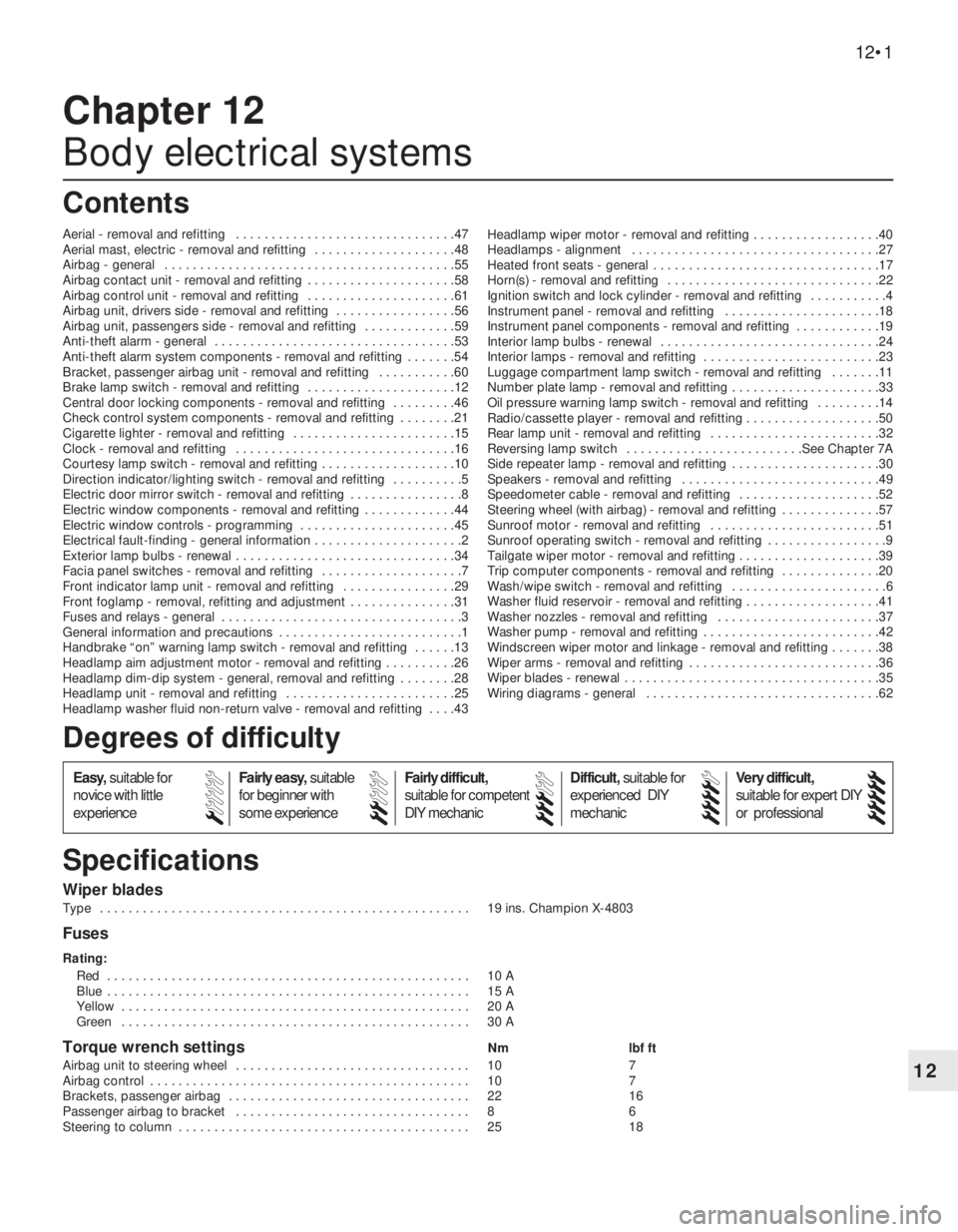 OPEL CALIBRA 1988  Service Repair Manual 12
Wiper blades
Type  . . . . . . . . . . . . . . . . . . . . . . . . . . . . . . . . . . . . . . . . . . . . . . . . . . . . 19 ins. Champion X-4803
Fuses
Rating:
Red  . . . . . . . . . . . . . . . .