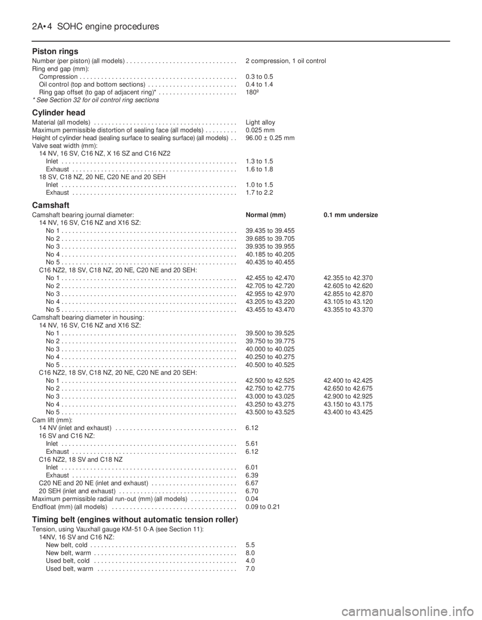 OPEL CALIBRA 1988 Service Repair Manual Piston rings
Number (per piston) (all models) . . . . . . . . . . . . . . . . . . . . . . . . . . . . . . .2 compression, 1 oil control
Ring end gap (mm):
Compression . . . . . . . . . . . . . . . . . OPEL CALIBRA 1988 Service Repair Manual Piston rings
Number (per piston) (all models) . . . . . . . . . . . . . . . . . . . . . . . . . . . . . . .2 compression, 1 oil control
Ring end gap (mm):
Compression . . . . . . . . . . . . . . . . .