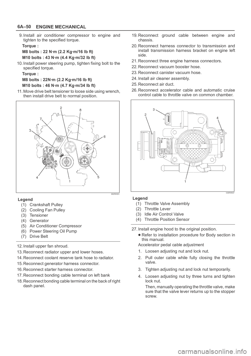 OPEL FRONTERA 1998 Workshop Manual 6A–50
ENGINE MECHANICAL
9. Install air conditioner compressor to engine and
tighten to the specified torque.
Torque :
M8 bolts : 22 Nꞏm (2.2 Kgꞏm/16 lb ft)
M10 bolts : 43 Nꞏm (4.4 Kgꞏm OPEL FRONTERA 1998 Workshop Manual 6A–50
ENGINE MECHANICAL
9. Install air conditioner compressor to engine and
tighten to the specified torque.
Torque :
M8 bolts : 22 Nꞏm (2.2 Kgꞏm/16 lb ft)
M10 bolts : 43 Nꞏm (4.4 Kgꞏm