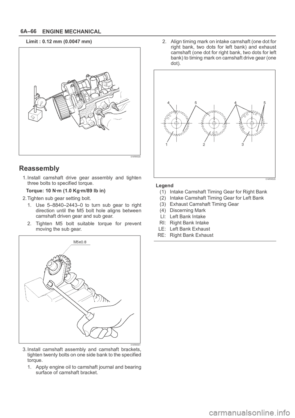 OPEL FRONTERA 1998 Workshop Manual 6A–66
ENGINE MECHANICAL
Limit : 0.12 mm (0.0047 mm)
014RW035
Reassembly
1. Install camshaft drive gear assembly and tighten
three bolts to specified torque.
Torque: 10 Nꞏm (1.0 Kgꞏm/89 lb OPEL FRONTERA 1998 Workshop Manual 6A–66
ENGINE MECHANICAL
Limit : 0.12 mm (0.0047 mm)
014RW035
Reassembly
1. Install camshaft drive gear assembly and tighten
three bolts to specified torque.
Torque: 10 Nꞏm (1.0 Kgꞏm/89 lb