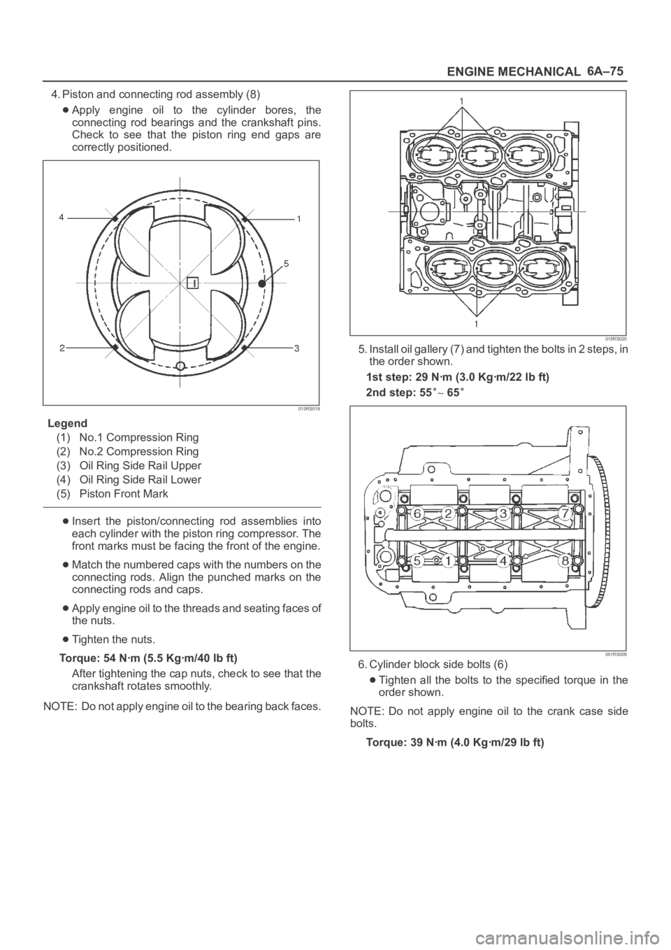 OPEL FRONTERA 1998 Workshop Manual 6A–75
ENGINE MECHANICAL
4. Piston and connecting rod assembly (8)
Apply engine oil to the cylinder bores, the
connecting rod bearings and the crankshaft pins.
Check to see that the OPEL FRONTERA 1998 Workshop Manual 6A–75
ENGINE MECHANICAL
4. Piston and connecting rod assembly (8)
Apply engine oil to the cylinder bores, the
connecting rod bearings and the crankshaft pins.
Check to see that the