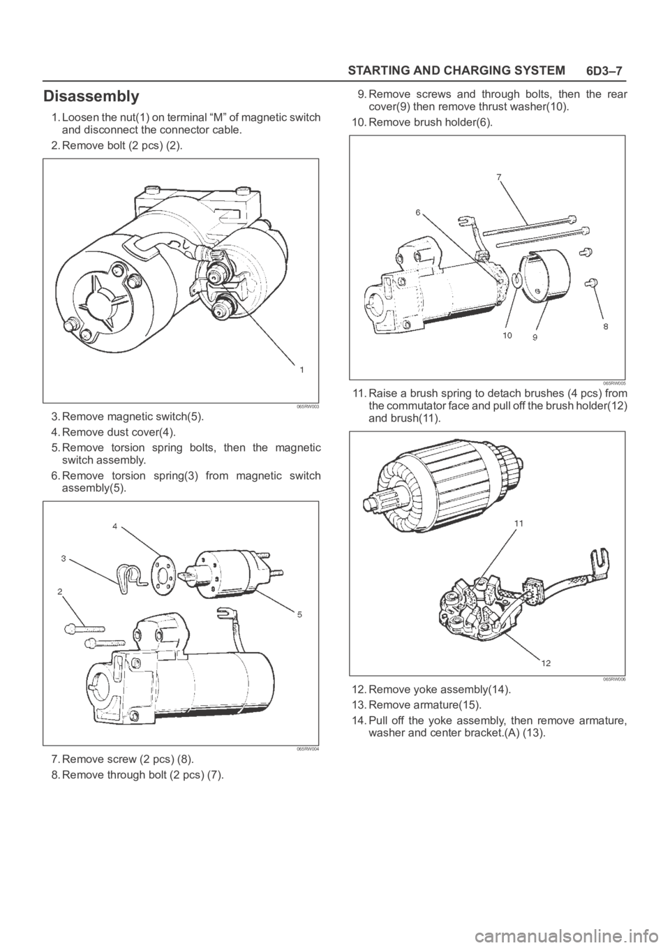 OPEL FRONTERA 1998  Workshop Manual 6D3–7 STARTING AND CHARGING SYSTEM
Disassembly
1. Loosen the nut(1) on terminal “M” of magnetic switch
and disconnect the connector cable.
2. Remove bolt (2 pcs) (2).
065RW003
3. Remove magnetic
