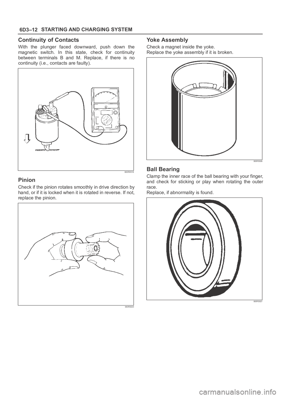 OPEL FRONTERA 1998  Workshop Manual 6D3–12STARTING AND CHARGING SYSTEM
Continuity of Contacts
With  the  plunger  faced  downward,  push  down  the
magnetic  switch.  In  this  state,  check  for  continuity
between  terminals  B  and