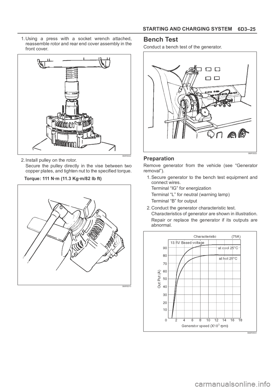 OPEL FRONTERA 1998  Workshop Manual 6D3–25 STARTING AND CHARGING SYSTEM
1. Using  a  press  with  a  socket  wrench  attached,
reassemble rotor and rear end cover assembly in the
front cover.
066RS022
2. Install pulley on the rotor.
S