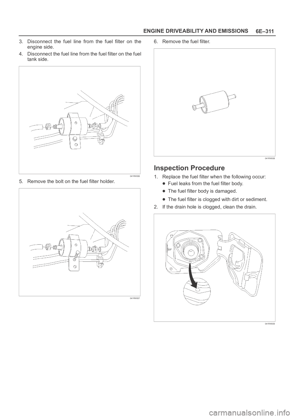 OPEL FRONTERA 1998  Workshop Manual 6E–311 ENGINE DRIVEABILITY AND EMISSIONS
3. Disconnect  the  fuel  line  from  the  fuel  filter  on  the
engine side.
4. Disconnect the fuel line from the fuel filter on the fuel
tank side.
041RW00