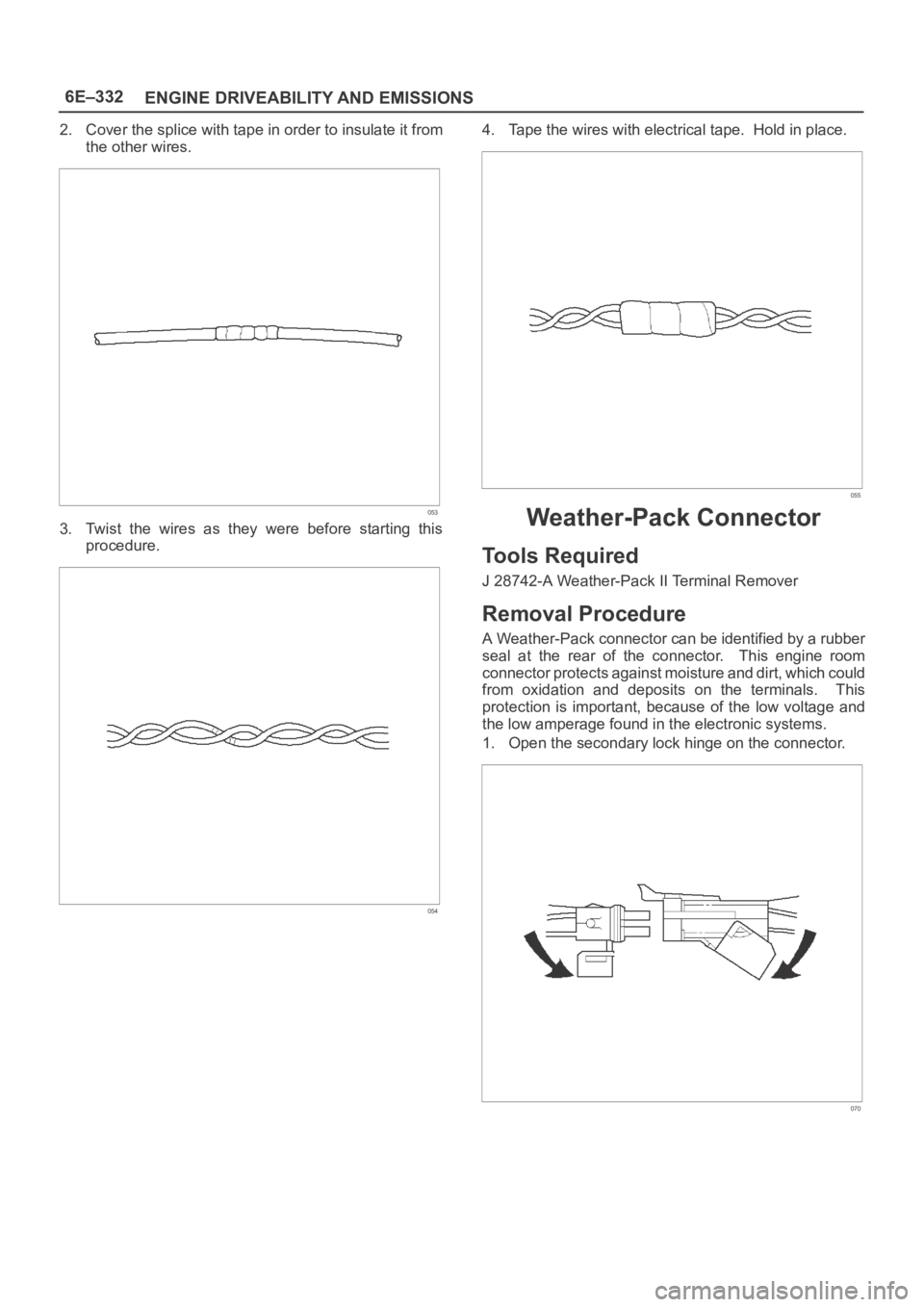 OPEL FRONTERA 1998  Workshop Manual 6E–332
ENGINE DRIVEABILITY AND EMISSIONS
2. Cover the splice with tape in order to insulate it from
the other wires.
053
3. Twist  the  wires  as  they  were  before  starting  this
procedure.
054
4