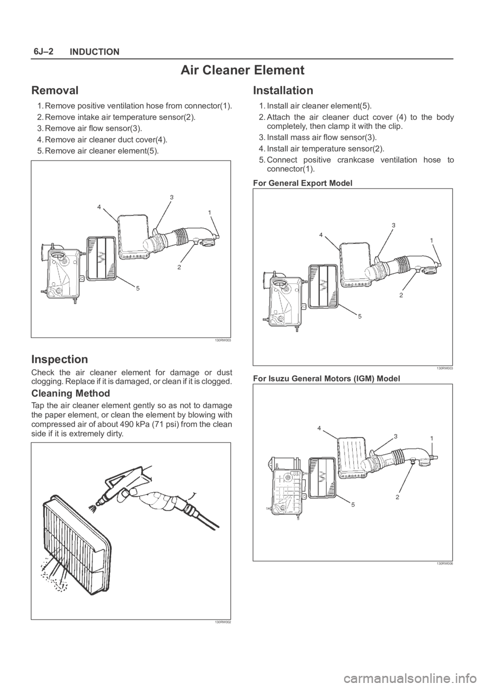 OPEL FRONTERA 1998  Workshop Manual 6J–2
INDUCTION
Air Cleaner Element
Removal
1. Remove positive ventilation hose from connector(1).
2. Remove intake air temperature sensor(2).
3. Remove air flow sensor(3).
4. Remove air cleaner duct