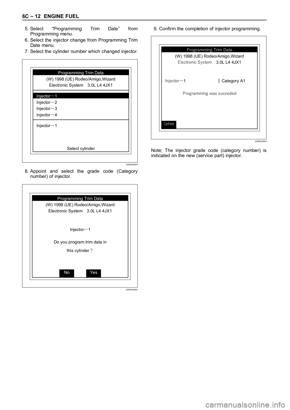 OPEL FRONTERA 1998  Workshop Manual 6C – 12 ENGINE FUEL
5. Select  “Programming  Trim  Date”  from
Programming menu.
6. Select  the  injector  change  from  Programming Trim
Date menu.
7. Select the cylinder number which changed i