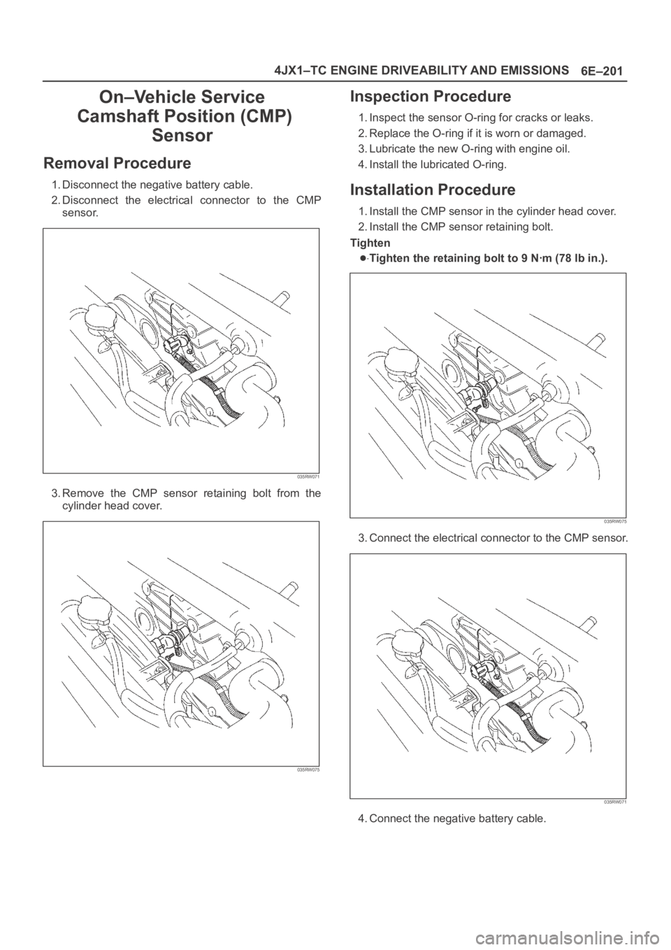 OPEL FRONTERA 1998  Workshop Manual 6E–201 4JX1–TC ENGINE DRIVEABILITY AND EMISSIONS
On–Vehicle Service
 Camshaft Position (CMP)
Sensor
Removal Procedure
1. Disconnect the negative battery cable.
2. Disconnect  the  electrical  co