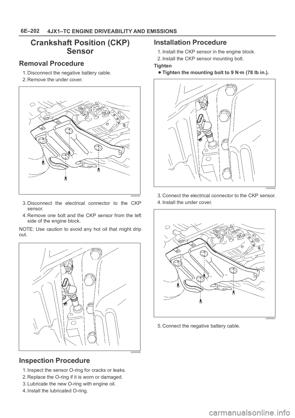 OPEL FRONTERA 1998  Workshop Manual 6E–202
4JX1–TC ENGINE DRIVEABILITY AND EMISSIONS
Crankshaft Position (CKP)
Sensor
Removal Procedure
1. Disconnect the negative battery cable.
2. Remove the under cover.
035RW091
3. Disconnect  the