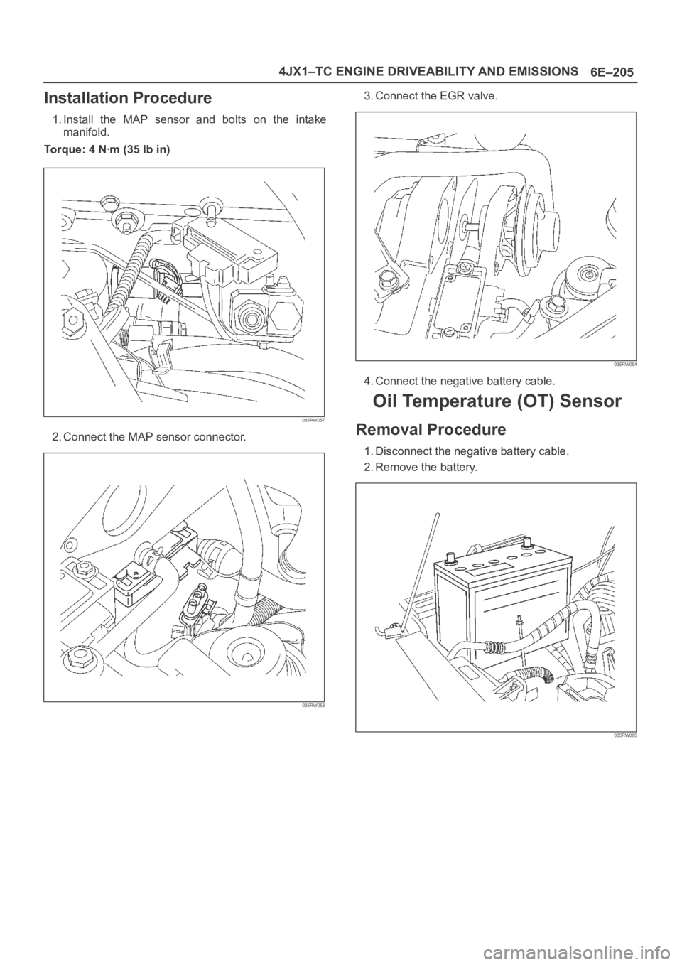 OPEL FRONTERA 1998  Workshop Manual 6E–205 4JX1–TC ENGINE DRIVEABILITY AND EMISSIONS
Installation Procedure
1. Install  the  MAP  sensor  and  bolts  on  the  intake
manifold.
Torque: 4 Nꞏm (35 lb in)
035RW057
2. Connect the MAP s