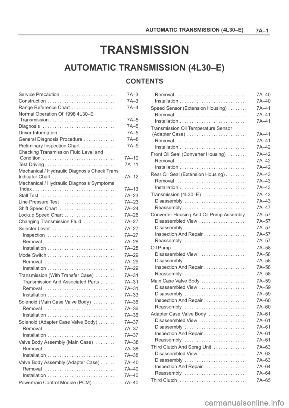 OPEL FRONTERA 1998 Workshop Manual 7A–1 AUTOMATIC TRANSMISSION (4L30–E)
TRANSMISSION
AUTOMATIC TRANSMISSION (4L30–E)
CONTENTS
Service Precaution 7A–3. . . . . . . . . . . . . . . . . . . . . .
Construction 7A–3. . . . . . . OPEL FRONTERA 1998 Workshop Manual 7A–1 AUTOMATIC TRANSMISSION (4L30–E)
TRANSMISSION
AUTOMATIC TRANSMISSION (4L30–E)
CONTENTS
Service Precaution 7A–3. . . . . . . . . . . . . . . . . . . . . .
Construction 7A–3. . . . . . .