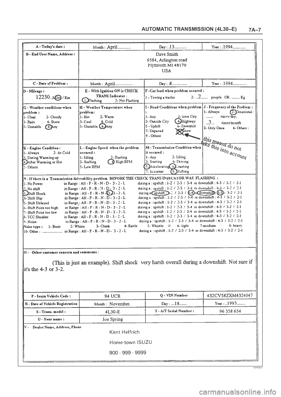 OPEL FRONTERA 1998  Workshop Manual 7A–7 AUTOMATIC TRANSMISSION (4L30–E)
F07RT037 