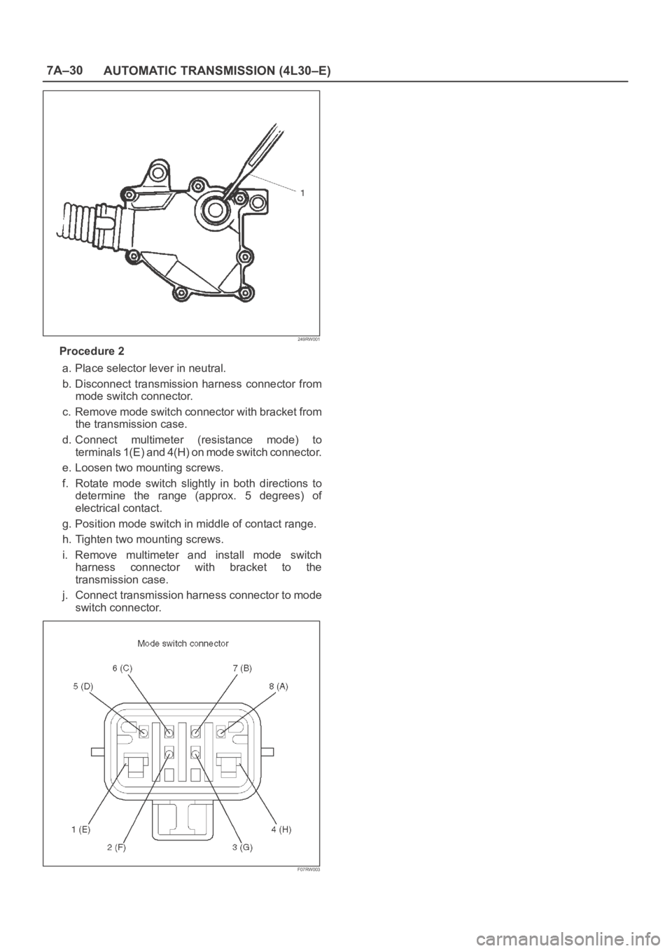 OPEL FRONTERA 1998  Workshop Manual 7A–30
AUTOMATIC TRANSMISSION (4L30–E)
249RW001
Procedure 2
a. Place selector lever in neutral.
b. Disconnect  transmission  harness  connector  from
mode switch connector.
c. Remove mode switch co