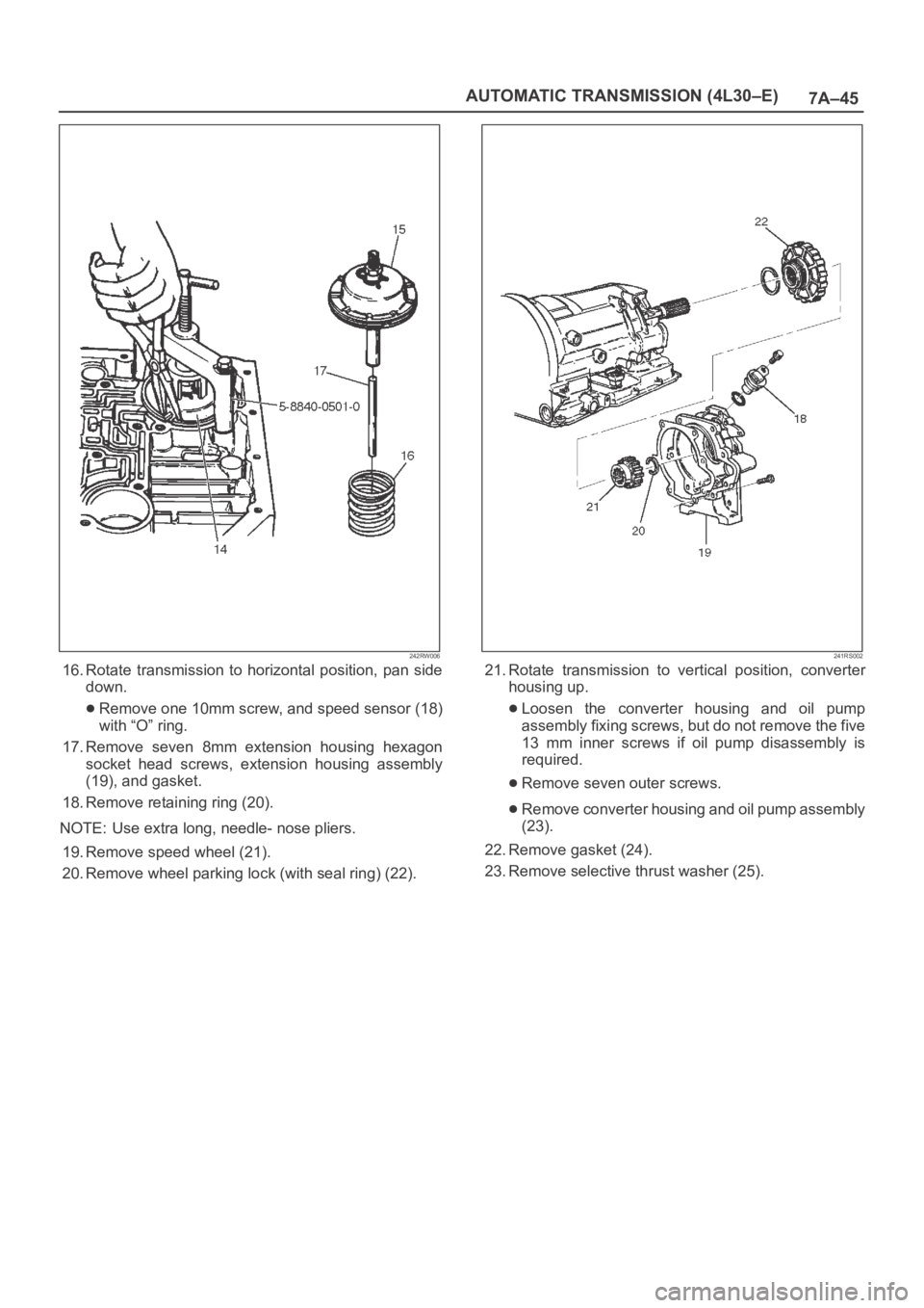 OPEL FRONTERA 1998  Workshop Manual 7A–45 AUTOMATIC TRANSMISSION (4L30–E)
242RW006
16. Rotate  transmission  to  horizontal  position,  pan  side
down.
Remove one 10mm screw, and speed sensor (18)
with “O” ring.
17. Remove  seve