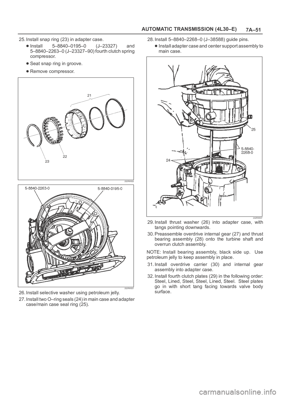 OPEL FRONTERA 1998 Workshop Manual 7A–51 AUTOMATIC TRANSMISSION (4L30–E)
25. Install snap ring (23) in adapter case.
Install 5–8840–0195–0 (J–23327) and
5–8840–2263–0 (J–23327–90) fourth clutch spring
compresso OPEL FRONTERA 1998 Workshop Manual 7A–51 AUTOMATIC TRANSMISSION (4L30–E)
25. Install snap ring (23) in adapter case.
Install 5–8840–0195–0 (J–23327) and
5–8840–2263–0 (J–23327–90) fourth clutch spring
compresso