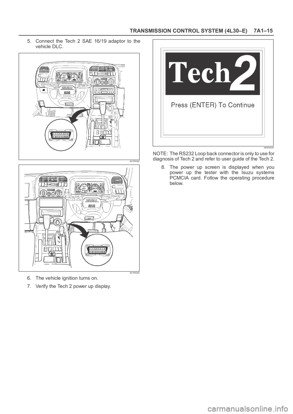 OPEL FRONTERA 1998  Workshop Manual TRANSMISSION CONTROL SYSTEM (4L30–E)7A1–15
5. Connect  the  Tech  2 SAE  16/19  adaptor  to  the
vehicle DLC.
821RW262
821RW263
6. The vehicle ignition turns on.
7. Verify the Tech 2 power up disp
