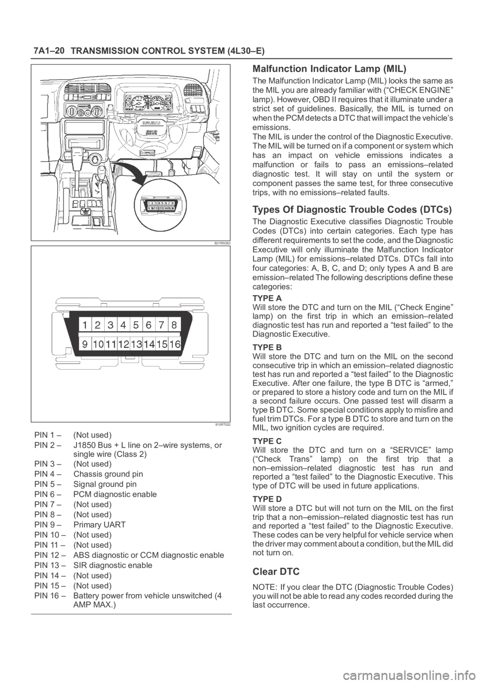 OPEL FRONTERA 1998 Workshop Manual 7A1–20
TRANSMISSION CONTROL SYSTEM (4L30–E)
821RW263
810RT022
PIN 1 – (Not used)
PIN 2 – J1850 Bus + L line on 2–wire systems, or
single wire (Class 2)
PIN 3 – (Not used)
PIN 4 – Chassis OPEL FRONTERA 1998 Workshop Manual 7A1–20
TRANSMISSION CONTROL SYSTEM (4L30–E)
821RW263
810RT022
PIN 1 – (Not used)
PIN 2 – J1850 Bus + L line on 2–wire systems, or
single wire (Class 2)
PIN 3 – (Not used)
PIN 4 – Chassis