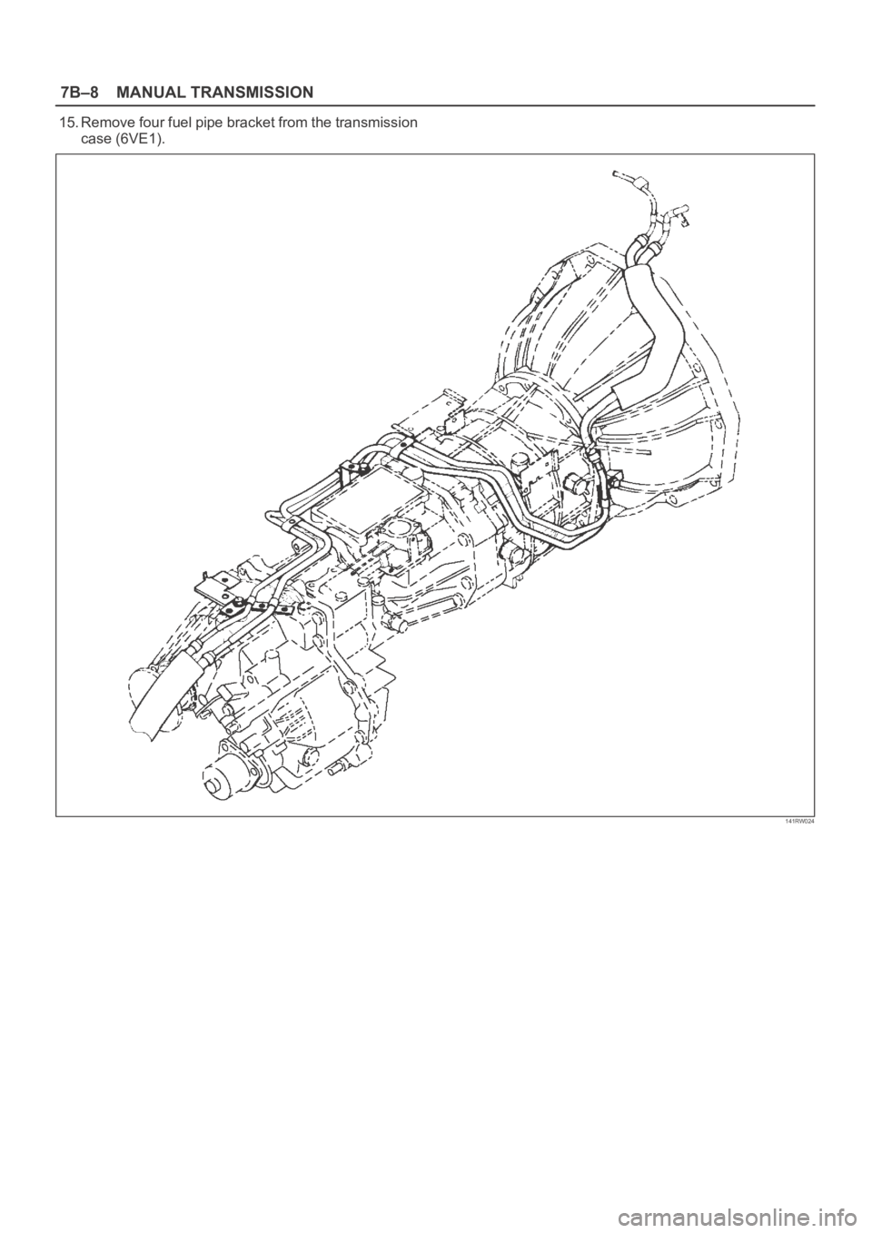 OPEL FRONTERA 1998  Workshop Manual 7B–8MANUAL TRANSMISSION
15. Remove four fuel pipe bracket from the transmission
case (6VE1).
141RW024 