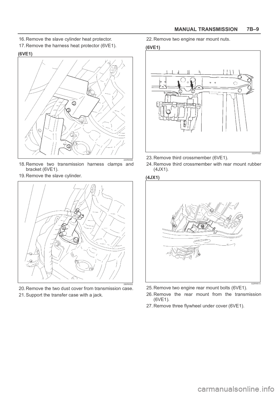 OPEL FRONTERA 1998  Workshop Manual MANUAL TRANSMISSION7B–9
16. Remove the slave cylinder heat protector.
17. Remove the harness heat protector (6VE1).
(6VE1)
225RW006
18. Remove  two  transmission  harness  clamps  and
bracket (6VE1)