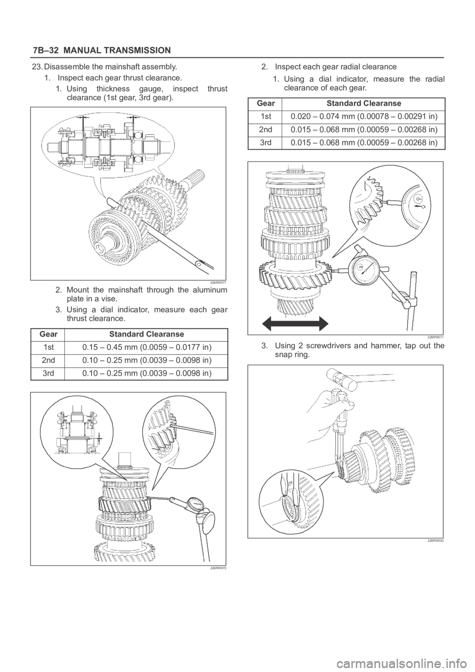 OPEL FRONTERA 1998  Workshop Manual 7B–32MANUAL TRANSMISSION
23. Disassemble the mainshaft assembly.
1. Inspect each gear thrust clearance.
1. Using  thickness  gauge,  inspect  thrust
clearance (1st gear, 3rd gear).
226RW077
2. Mount