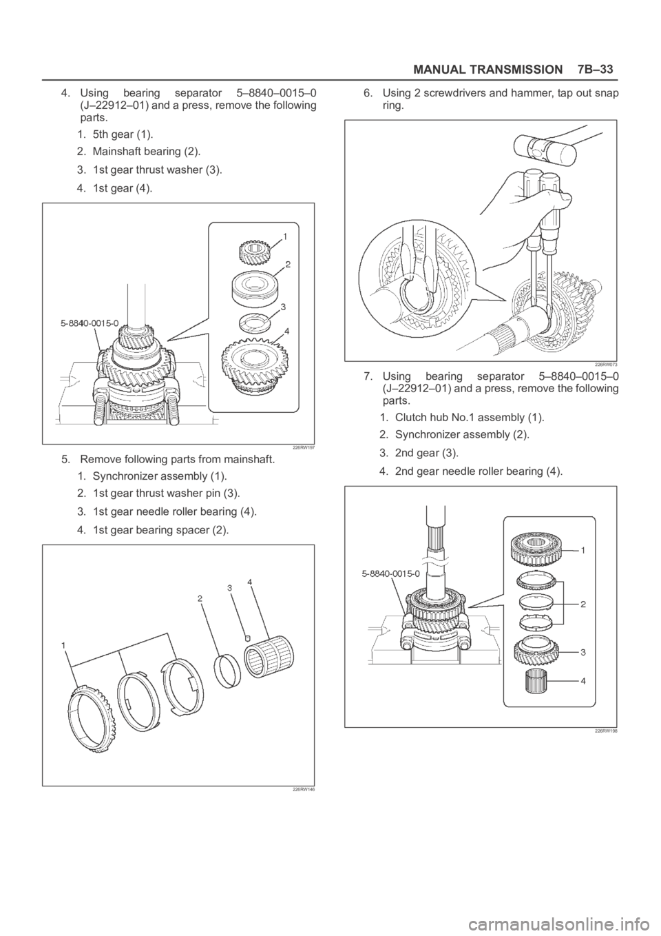 OPEL FRONTERA 1998  Workshop Manual MANUAL TRANSMISSION7B–33
4. Using  bearing  separator  5–8840–0015–0
(J–22912–01) and a press, remove the following
parts.
1. 5th gear (1).
2. Mainshaft bearing (2).
3. 1st gear thrust was