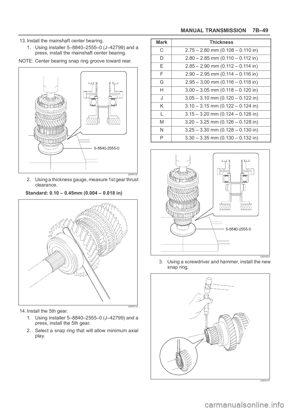 OPEL FRONTERA 1998  Workshop Manual MANUAL TRANSMISSION7B–49
13. Install the mainshaft center bearing.
1. Using installer 5–8840–2555–0 (J–42799) and a
press, install the mainshaft center bearing.
NOTE: Center bearing snap rin