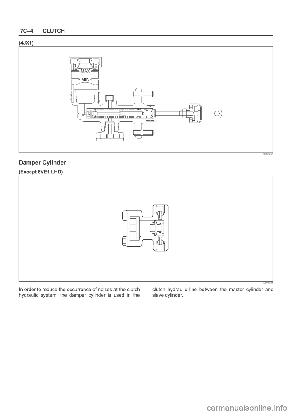 OPEL FRONTERA 1998  Workshop Manual 7C–4CLUTCH
(4JX1)
A07RW067
Damper Cylinder
(Except 6VE1 LHD)
A07RS004
In order to reduce the occurrence of noises at the clutch
hydraulic  system,  the  damper  cylinder  is  used  in  theclutch  hy