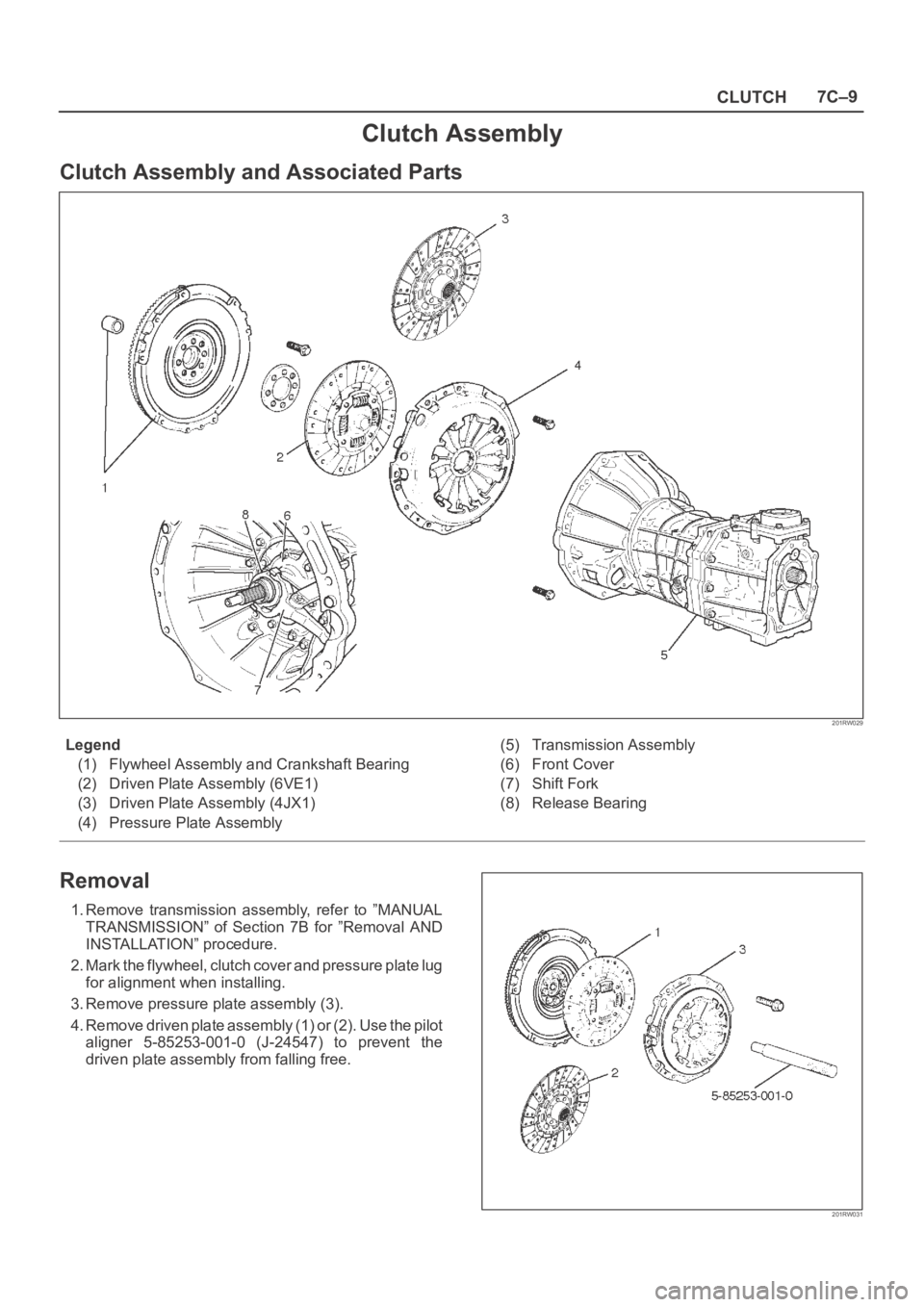OPEL FRONTERA 1998  Workshop Manual CLUTCH7C–9
Clutch Assembly
Clutch Assembly and Associated Parts
201RW029
Legend
(1) Flywheel Assembly and Crankshaft Bearing
(2) Driven Plate Assembly (6VE1)
(3) Driven Plate Assembly (4JX1)
(4) Pre