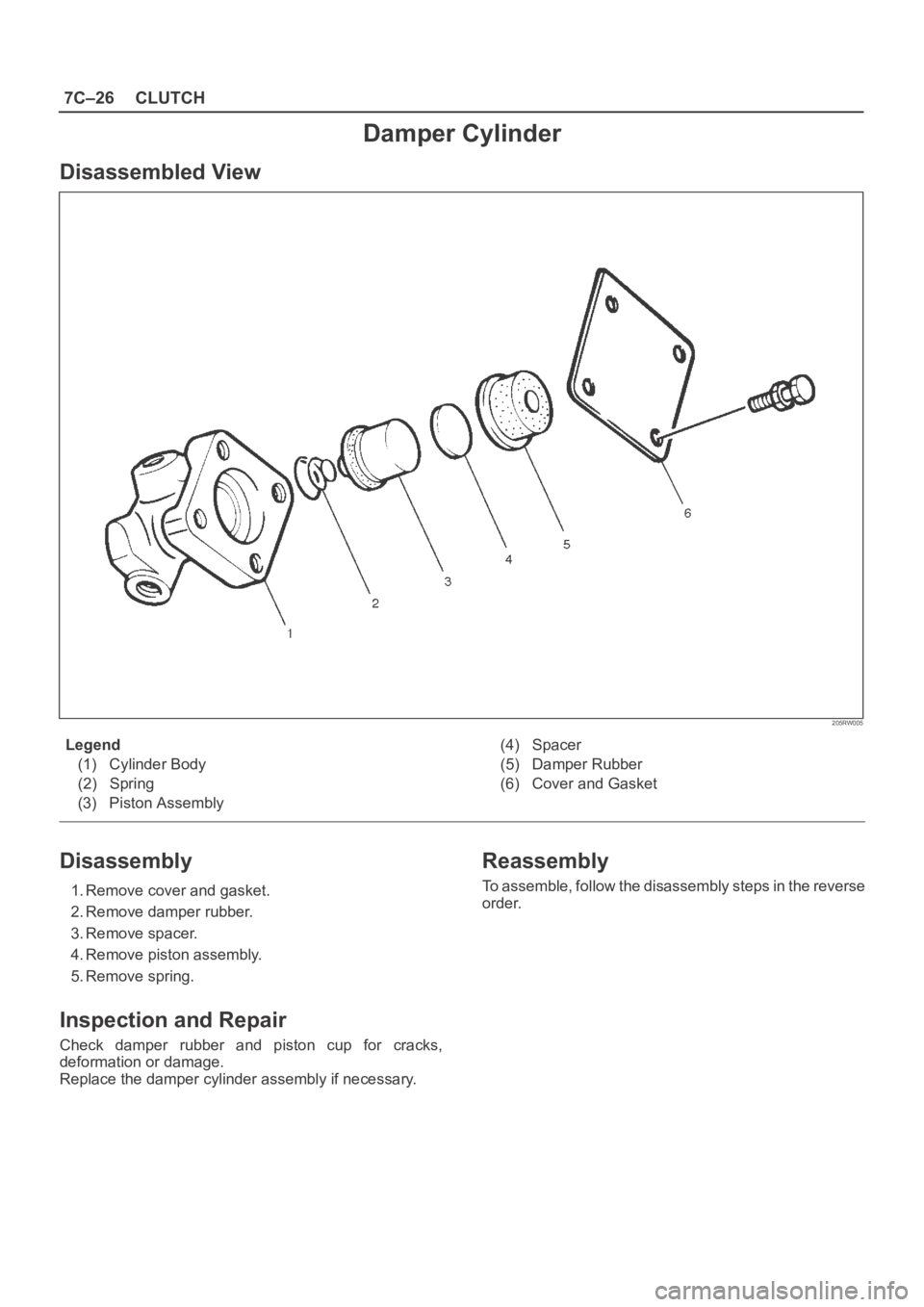 OPEL FRONTERA 1998  Workshop Manual 7C–26CLUTCH
Damper Cylinder
Disassembled View
205RW005
Legend
(1) Cylinder Body
(2) Spring
(3) Piston Assembly(4) Spacer
(5) Damper Rubber
(6) Cover and Gasket
Disassembly
1. Remove cover and gasket
