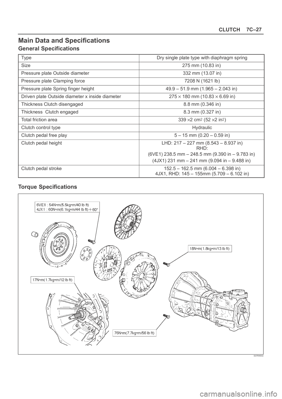 OPEL FRONTERA 1998  Workshop Manual CLUTCH7C–27
Main Data and Specifications
General Specifications
Ty p eDry single plate type with diaphragm spring
Size275 mm (10.83 in) 
Pressure plate Outside diameter332 mm (13.07 in)
Pressure pla