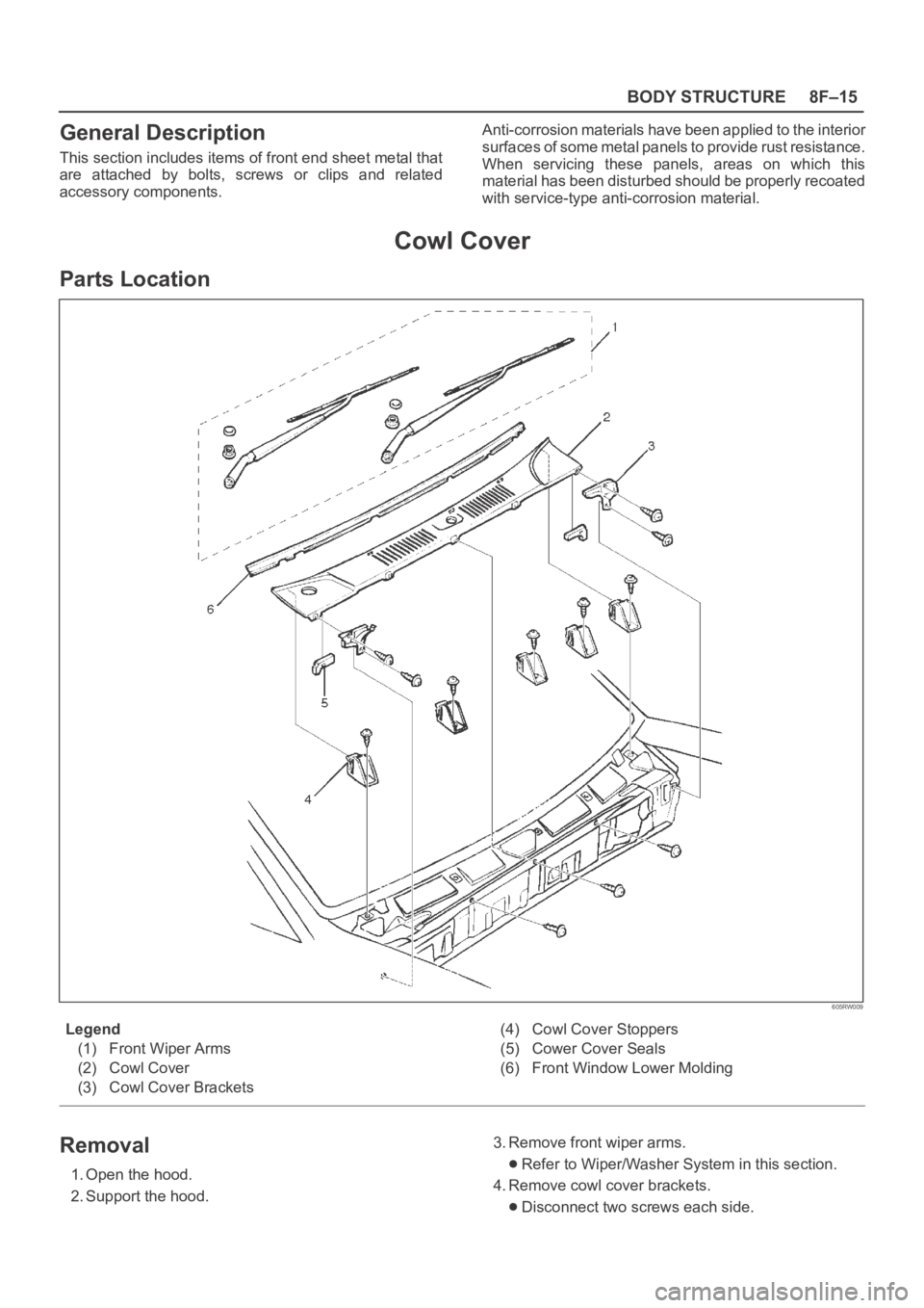 OPEL FRONTERA 1998  Workshop Manual 8F–15 BODY STRUCTURE
General Description
This section includes items of front end sheet metal that
are  attached  by  bolts,  screws  or  clips  and  related
accessory components.Anti-corrosion mate