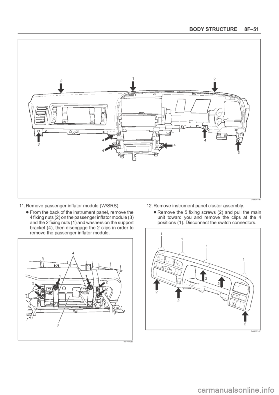 OPEL FRONTERA 1998  Workshop Manual 8F–51 BODY STRUCTURE
740RW106
11. Remove passenger inflator module (W/SRS).
From the back of the instrument panel, remove the
4 fixing nuts (2) on the passenger inflator module (3)
and the 2 fixing 