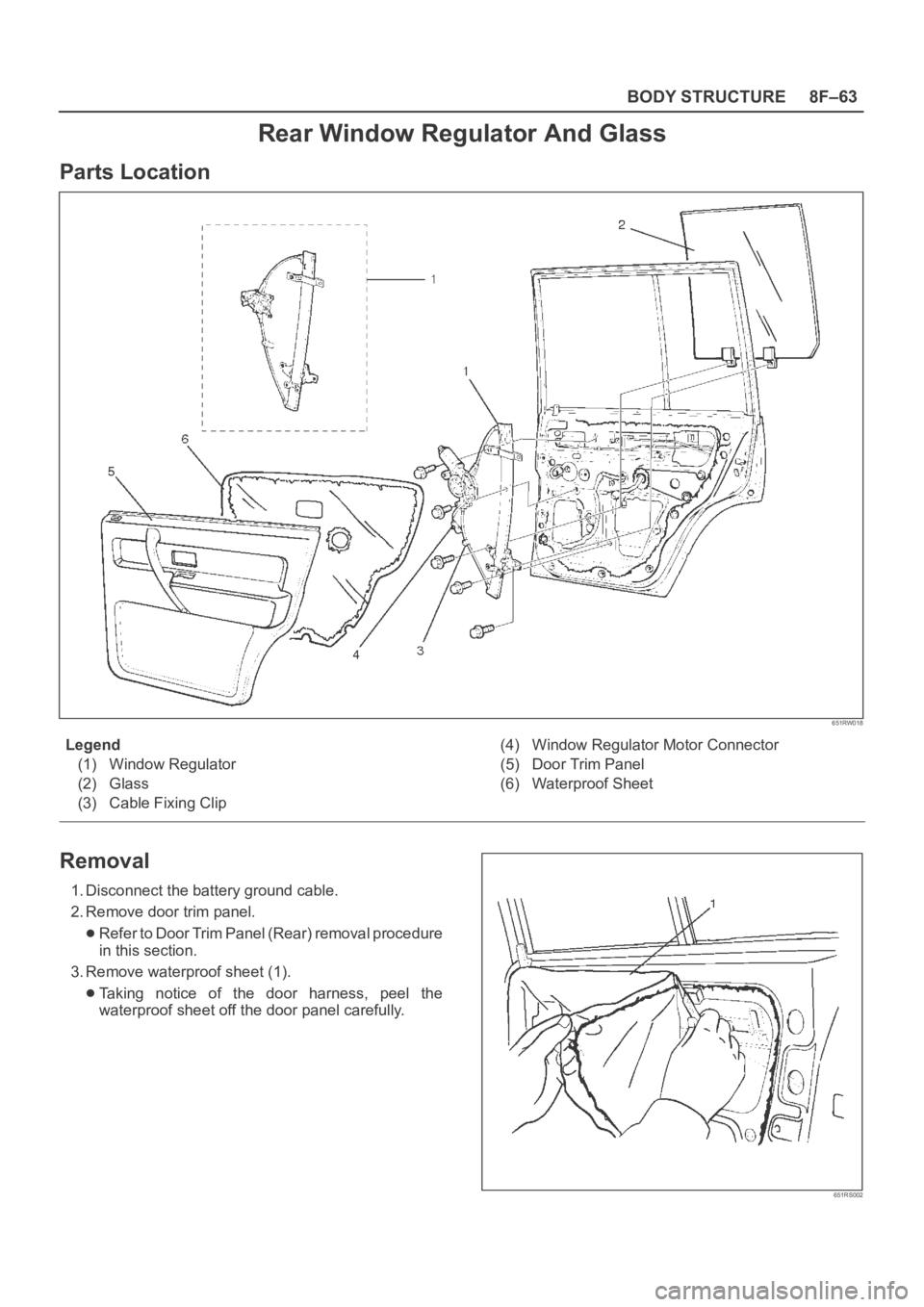 OPEL FRONTERA 1998  Workshop Manual 8F–63 BODY STRUCTURE
Rear Window Regulator And Glass
Parts Location
651RW018
Legend
(1) Window Regulator
(2) Glass
(3) Cable Fixing Clip(4) Window Regulator Motor Connector
(5) Door Trim Panel
(6) W