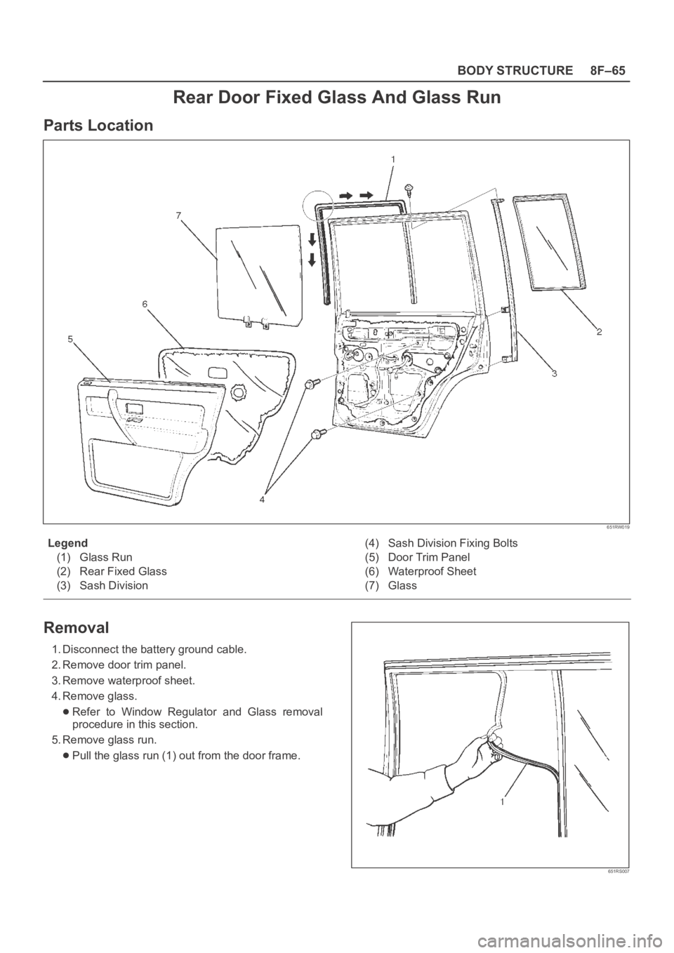 OPEL FRONTERA 1998  Workshop Manual 8F–65 BODY STRUCTURE
Rear Door Fixed Glass And Glass Run
Parts Location
651RW019
Legend
(1) Glass Run
(2) Rear Fixed Glass
(3) Sash Division(4) Sash Division Fixing Bolts
(5) Door Trim Panel
(6) Wat