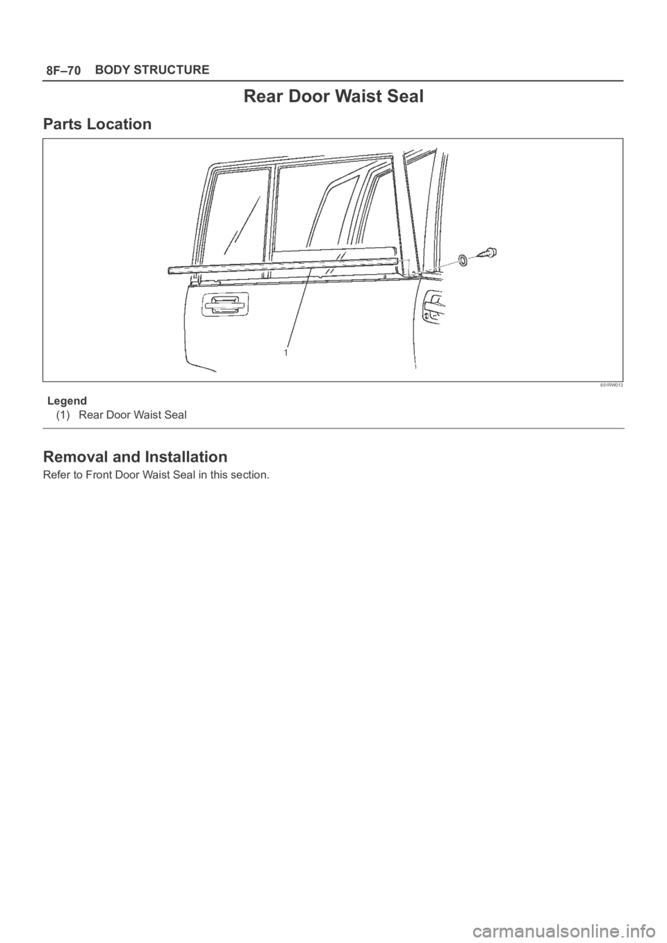 OPEL FRONTERA 1998  Workshop Manual 8F–70BODY STRUCTURE
Rear Door Waist Seal
Parts Location
651RW013
Legend
(1) Rear Door Waist Seal
Removal and Installation
Refer to Front Door Waist Seal in this section. 