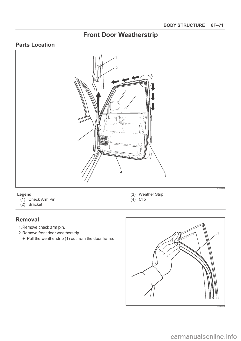 OPEL FRONTERA 1998  Workshop Manual 8F–71 BODY STRUCTURE
Front Door Weatherstrip
Parts Location
631RS008
Legend
(1) Check Arm Pin
(2) Bracket(3) Weather Strip
(4) Clip
Removal
1. Remove check arm pin.
2. Remove front door weatherstrip
