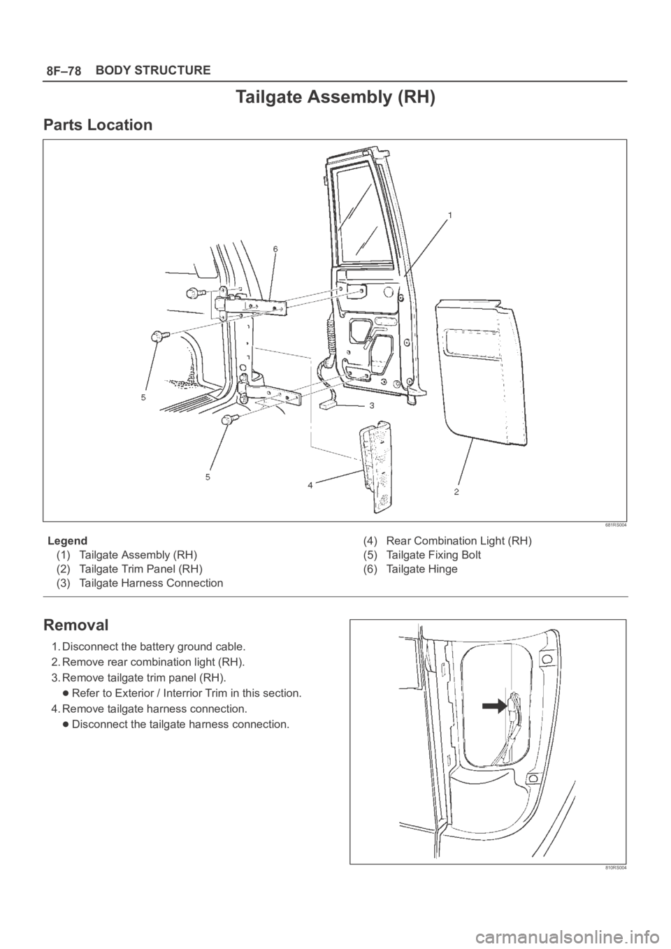 OPEL FRONTERA 1998  Workshop Manual 8F–78BODY STRUCTURE
Tailgate Assembly (RH)
Parts Location
681RS004
Legend
(1) Tailgate Assembly (RH)
(2) Tailgate Trim Panel (RH)
(3) Tailgate Harness Connection(4) Rear Combination Light (RH)
(5) T