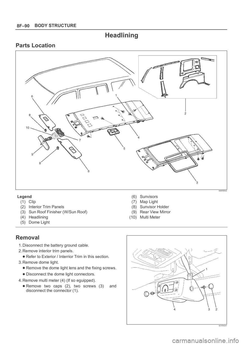 OPEL FRONTERA 1998  Workshop Manual 8F–90BODY STRUCTURE
Headlining
Parts Location
666RW003
Legend
(1) Clip
(2) Interior Trim Panels
(3) Sun Roof Finisher (W/Sun Roof)
(4) Headlining
(5) Dome Light(6) Sunvisors
(7) Map Light
(8) Sunvis