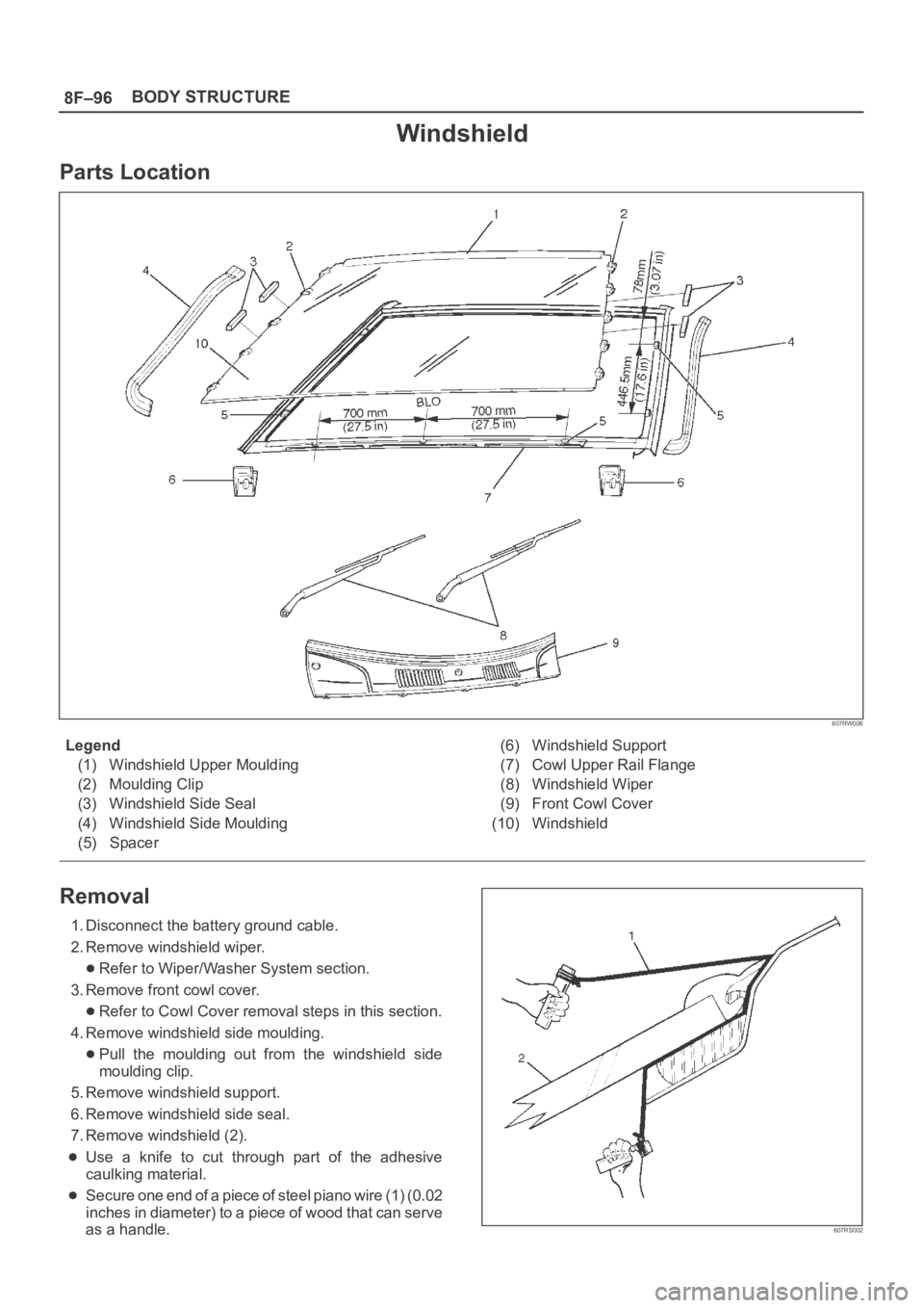 OPEL FRONTERA 1998  Workshop Manual 8F–96BODY STRUCTURE
Windshield
Parts Location
607RW006
Legend
(1) Windshield Upper Moulding
(2) Moulding Clip
(3) Windshield Side Seal
(4) Windshield Side Moulding
(5) Spacer(6) Windshield Support
(