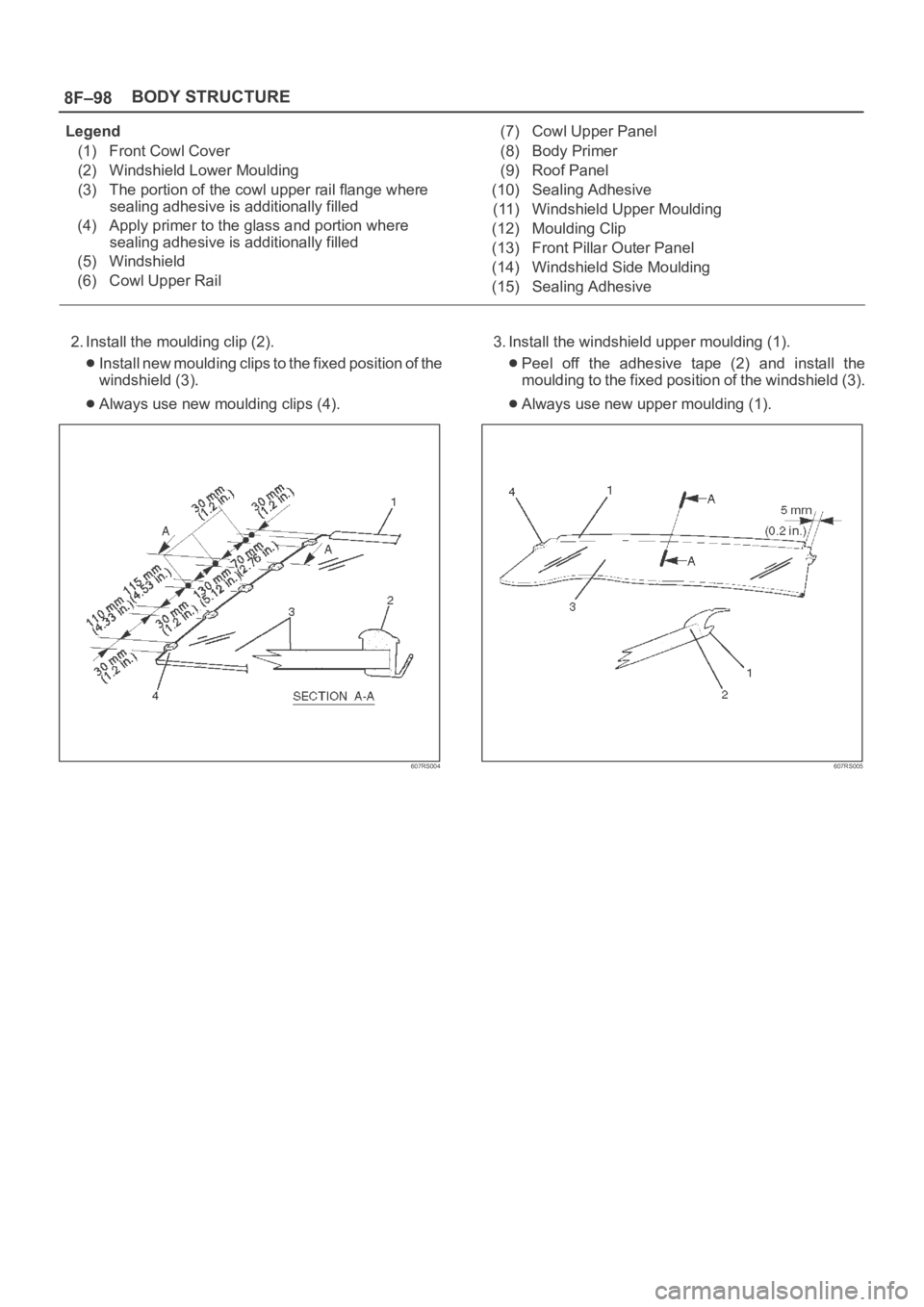OPEL FRONTERA 1998  Workshop Manual 8F–98BODY STRUCTURE
Legend
(1) Front Cowl Cover
(2) Windshield Lower Moulding
(3) The portion of the cowl upper rail flange where
sealing adhesive is additionally filled
(4) Apply primer to the glas